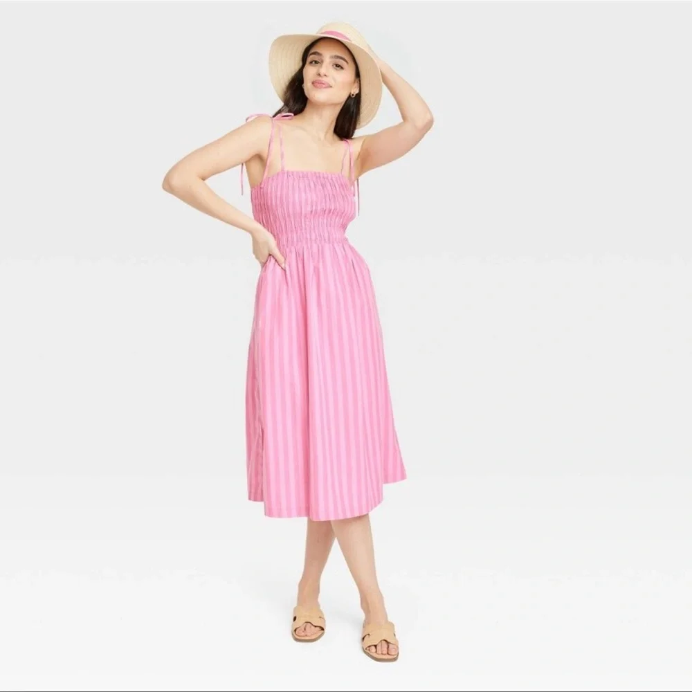 Women's Midi Smoked Sundress - A New Day Pink Striped XL - Picture 1 of 5